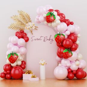 140PCS Strawberry Balloon Arch Garland Kit, Red and Pink Balloons with Strawberry Foil Balloon for Berry First Birthday Decorations, Strawberry Theme Baby Shower Party Decorations