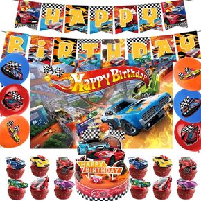 42Pcs Hot Car Birthday Party Supplies Include Racing Car Theme Balloons Banner Backdrop Cupcake Toppers for Boy and Girl Birthday Wheel Party Decorations