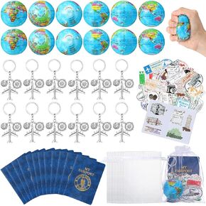 HyDren 12 Sets Travel Party Favors Earth Stress Balls, Airplane Keychain, Passport Book with Assorted Travel Stickers for Scrapbooks, Organza Bags for Adventure Theme Party Supplies