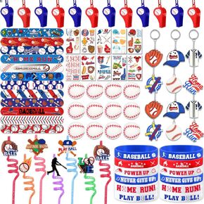 Baseball Party Favors Gift Set BasebalL Goodie Bags Favors, Baseballs Gift Bags Mini Ball Silicone & Slap Bracelet Straw Tattoo Stickers Keychain for Kids Baseball's Party Decor