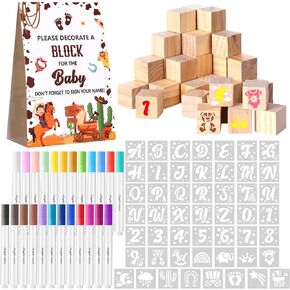 125 Pcs Cowboy Baby Shower Games Sign Kit Decorate a Block Games Sign My First Rodeo DIY Wooden Blocks Prize Cubes Crafts for Western Gender Reveal Baby Shower Party Supplies