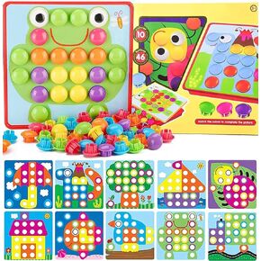 58 Pcs Button Art Toys for Toddlers,Color Matching Mosaic Pegboard Early Learning Educational Toys,Toddler Activities Crafts for Toddlers,Include 12 Pictures and 46 Buttons with Box