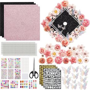 ZYNERY Graduation Cap Decorations Kit, Grad Cap Decorations Includes Glitter Paper 3D Butterfly Faux Flower Self-Adhesive Rhinestones Letter Number Stickers Scissors - for DIY Graduation Cap Topper