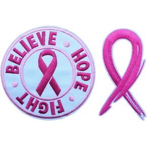 2 PCS Believe Hope Fight Pink Ribbon Embroidered Iron On Patches Breast Cancer Awareness Clothing Applique for Girl Women