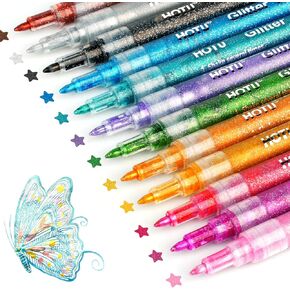 Glitter Markers Pen 12 Glitter Water Based Paint Pens Sparkly and Shiny Acrylic Metallic Shimmer Marker Fine Point Tip 0.7mm for Wood,DIY Craft Making, Fabric, Paper Painting ect