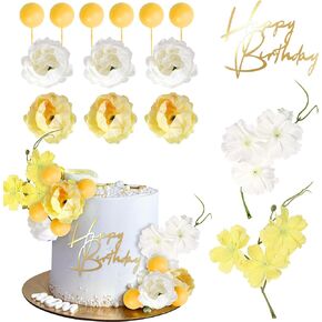 Rsstarxi 22 Pack Flower Cake Topper Balloons Gold Acrylic Happy Birthday Cake Pick Artificial Flowers Lavender Cake Decorations for Baby Shower Wedding Birthday Anniversary Party Cake Decoration