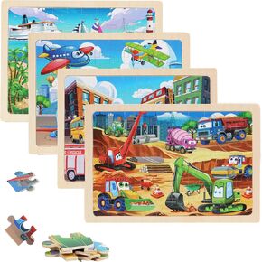 Wooden Puzzles Vehicle Toys for Kids Ages 3-5, Set of 4 Packs with 60-Piece Wood Jigsaw Puzzles, Preschool Educational Brain Teaser Boards for Boys and Girls 3 4 5 6 Years Old