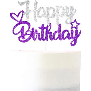 Purple & Silver Glitter "Happy Birthday" Cake Topper - Glitter Paper & Stick - Ready to Use