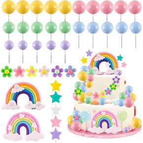 Morofme 38pcs Rainbow Cake Topper Rainbow Themed Cake Decorations Colorful Cakes Decoration Pastel Daisy Flower Balls Cupcake Topper for Baby Shower Girl Birthday Party