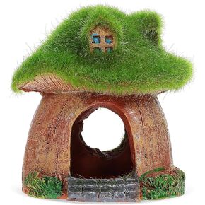 Happyyami Aquarium Decoration House: Betta Fish Tank Cave Hideaway Hobbit House Shelter Fish Tank Cottage Hut Ornaments for Landscape Fairy Garden