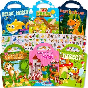 6 Set Reusable Sticker Books for Toddlers 1-3 2-4 Years,3D Puffy Stickers Activity Book for Kids 4-8 Dinosaurs,Animal,Farm,Ocean,Insects,Amusement Park