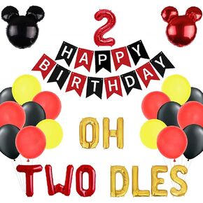 Oh Twodles Mickey Minnie Themed 2nd Birthday Decorations with Oh Twodles Balloons, Mickey Mouse Happy Birthday Banner Garland for Second Boy Girl Bday Party Decor
