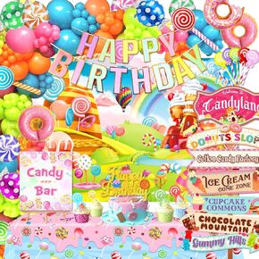 132 PCs Candyland Party Decorations, Candyland Themed Birthday Party Decorations, Candyland Christmas Decorations, Backdrop Sweet Candy Balloons Tablecloth Banner Signs for Sweet Birthday Party Decor