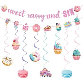 Sweet Sassy and Six Party Decorations - Sweet Sassy and Six Banner Hanging Swirl 6th Birthday Decorations for Girls Ice Cream Donut Cake Sweet 6th Party Supplies for Girls