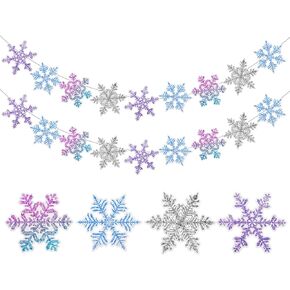 Taobary 2 Pack Snowflake Banner Garland Blue Purple Hanging Snowflake Decorations Glitter Birthday Party Decorations for Baby Shower Birthday Wedding Supplies