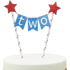 Patriotic 2nd Birthday Cake Topper - 4th of July Bunting Decorations, Two Years Old Party Supplies, American Flag Cake Banner for Toddler, Red White & Blue Cake Decor