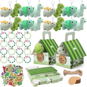 Remuuly 100 Pcs 16 Sets Dinosaur Party Favor Mini Dinosaur Stuffed Animals Bulk Plush Keychains Bracelet Gift Box Sticker for Adopt an Animals Favors Birthday Goodie Bag Supplies Fillers Stuffers