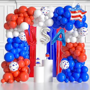 4th Of July Balloon Arch Kit 4th July Party Decorations-Red White Blue Arch Kit With Tinsel Foil Fringe Curtains, USA And America Star Foil Balloon For Independence Day Patriotic Party Decorations