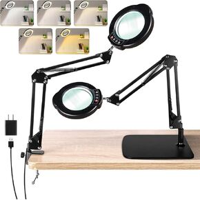 10X Magnifying Glass with Light and Stand, LED Desk Lamp with Base and Clamp, 5 Color Mode, 10 Dimmable Levels, Hands Free for Reading Crafts Jewelry Sewing Close Work