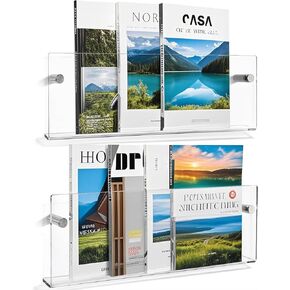 Youeon 2 Pcs Clear Acrylic Magazine Holder Wall Mount, 17 Inch Hanging Magazine Rack with Hardware, Brochure Display Rack, Floating Bookshelf for Home, Office