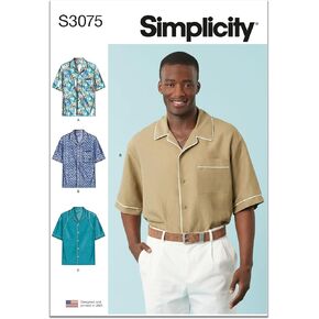 Simplicity SS3075A Men's Relaxed Fit Button-Front Shirts Sewing Pattern Packet, Design Code S3075, Sizes S-M-L-XL-XXL