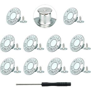 No-Sew Jeans Button Replacement Kit, 10 Sets Metal Snap Tack Buttons with Tools,2025 New Model, Silver 14#