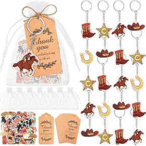 Sasylvia 159 Pcs Cowboy Party Favor Cowgirl Gift Set Include 36 Acrylic Keychains 36 Organza Bags 36 Thank Kraft Tags 50 Cowgirl Stickers Rope Western Themed Birthday Baby Shower Party Supplies