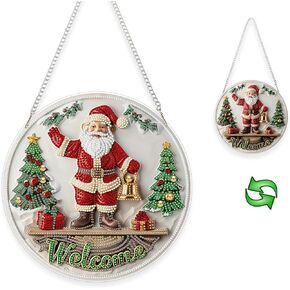 Yunzlly Christmas Hanging Diamond Art Ornament Kit Welcome Sign, Special Crystal Double Sided Diamonds Painting Pendant Kit for Adults Santa Claus, DIY Acrylic Gem Painting Board Kit