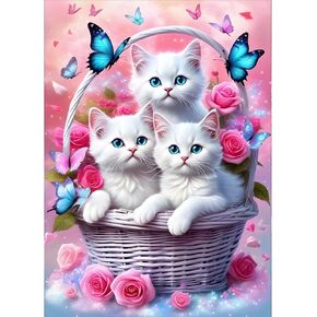 GDYEEH DIY 5D White Kitten Diamond Art Kits, Round Full Drill Butterfly Cat Diamond Painting Picture, Flower Basket Painting by Numbers Art Kits for Adults Beginners Home Wall Decor 12x16 inch