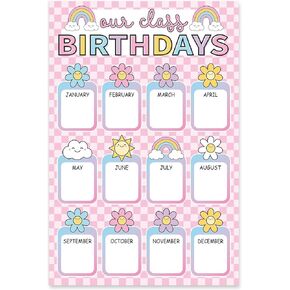 Pastel Birthday Chart Poster Colorful Flower Rainbow Cloud Plaid Birthday Chart Calendars for Back to School Bulletin Board Chalkboard Wall Decor, 11 x 16.5 Inch