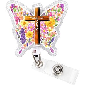 Jesus Butterfly Nurse Badge Reel, Floral Faith Badge Holder for Women, Retractable Cute Badge Clip for Teachers, Students, RN CNA LPN Medical Workers, Badge Reels Nursing Accessories