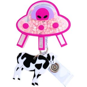 Cute UFO Cow Badge Reel Holder Retractable with ID Clip for Nurse Nursing Name Tag Card Funny Accessories with Alligator Clip Medical Assistant Office Student Work Hospital