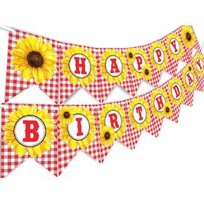 Sunflower Happy Birthday Banner - BBQ Birthday Party Pennant - Red Gingham Banner - Sunflower Picnic