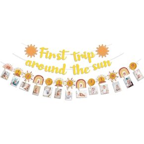 Boho Sun 1st Birthday Decorations, Include First Trip Around The Sun Banner, Bohemian Monthly Photo Banner for Kids First Birthday Party, Boho Rainbow You are My Sunshine Party Supplies