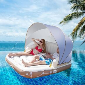 Moccha Inflatable Island with Canopy - 440 lbs Party Floats with SPF50+ Retractable Detachable Sunshade & 3 Pillows, 2-3 Person Tanning Lounger, 73" Pool Daybed, Floating Island for Lake