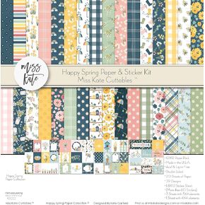 Miss Kate Cuttables Paper & Sticker Kit - Happy Spring - for Easter 20 Double-Sided 12x12 Papers with 39 Designs & 1 8X12 Sticker Sheet - Scrapbooking Card Making Crafting