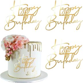 Rsstarxi 3 Pack Happy Birthday Cake Topper Personalized Acrylic Happy Birthday Sign Cake Pick for Men Women Boys Girls Birthday Party Cake Decorations Supplies Gold