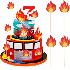FOBSME 48 Pcs Fire Truck Cake Topper Fire Cupcake Toppers Flame Cakes Picks Flame Cakes Decorations Fires Truck Birthday Party Supplies Firefighter Theme Party Cakes Decorations
