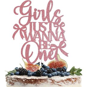 Girls Just Wanna Be One Cake Topper - Pink Bow 1st Birthday Party Decorations, Boho 1st Birthday Cake Decorations Rose Gold Glitter