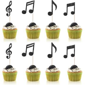 36PCS Music Notes Cupcake Toppers, Music Note Decor for Cupcake Black Glitter Musical Cake Topper Birthday Decorations for Rock Musical Symbol Concert Theme Birthday Party Supplies