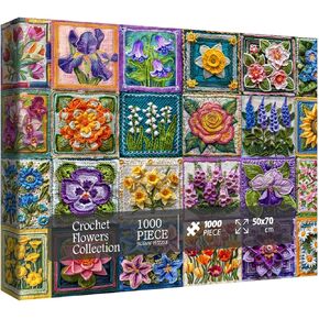 Colorful Flower Plant Puzzles for Adults 1000 Pieces Nature, Beautiful Collage Spring Floral Crochet Art Jigsaw Puzzles, Pretty Sunflower Rose Daisy Knitting Puzzle