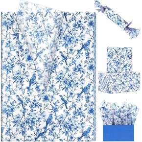 100 Sheets Blue Floral Bird Tissue Paper, 20'' x 14'' Chinoiserie Floral Bird Pattern Gift Wrapping Tissue for Wedding Bridal Shower Birthday Gift Bag Fillers Party Favors (Blue)