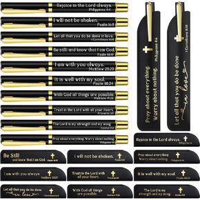 Spakon Christian Gifts Bulk for Church Bible Verse Ballpoint Pens with Religious Leather Pen Holder Sleeve for Women Men Sunday School Pastors Appreciation Gifts(Black,15 Sets)