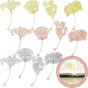 Geiserailie 12 Pieces Metal Bookmarks with Chain for Women Metal Rose Flower Leaf Bookmark for Book Lovers gfits Writers Readers Teens Adults Gold Silver and Rose Gold