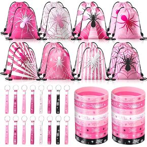 48pcs Spider Party Supplies, Pink Spider Party Favors Goodie Bags Bulk with Drawstring Bracelets,Controller Keychains Bracelets Wristbands for Boys Girls Kids Hero Theme Birthday Decorations 16 Guest