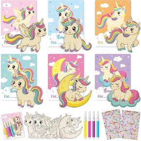 WATINC Wooden Painting Mother's Day Thank You Gifts - 24Pcs Unfinished Blank Wooden Cutouts for Kids, 6 Styles Wood Cutouts Ornament with Thanks Cards,DIY Your Own Party Favors Set (Unicorn