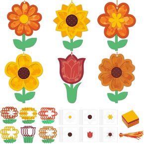 24 Sets Sunflower Flower Crafts Set Suncatcher Tissue Paper Crafts Kit DIY Party Decor Make Your Own Flower Hanging Ornaments for Summer Home Fun Spring Mother's Day Activities