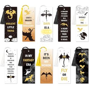 Dragon Bookmarks for Book Lover - 10pcs Wing Dragon Merch Book Marks Bulk with Tassels for Bookish Gift, Fantasy Double-Sided Bookmark with Inspirational Quote for Novel Fans School Supplies