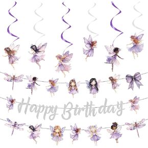 Purple Fairy Theme Birthday Party Decorations - 1pcs Glittery Silver Fairies Happy Birthday Banner, 2pcs Purple Fairy Banner Bunting Garlands, 6pcs Fairies Themed Hanging Swirls (6 styles)