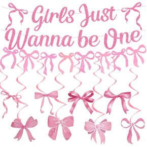 Girls Just Wanna Be One Birthday Decorations, Pink Bow 1st Party Banners and Hanging Swirls, One Year Old Coquete Bday Decor Supplies